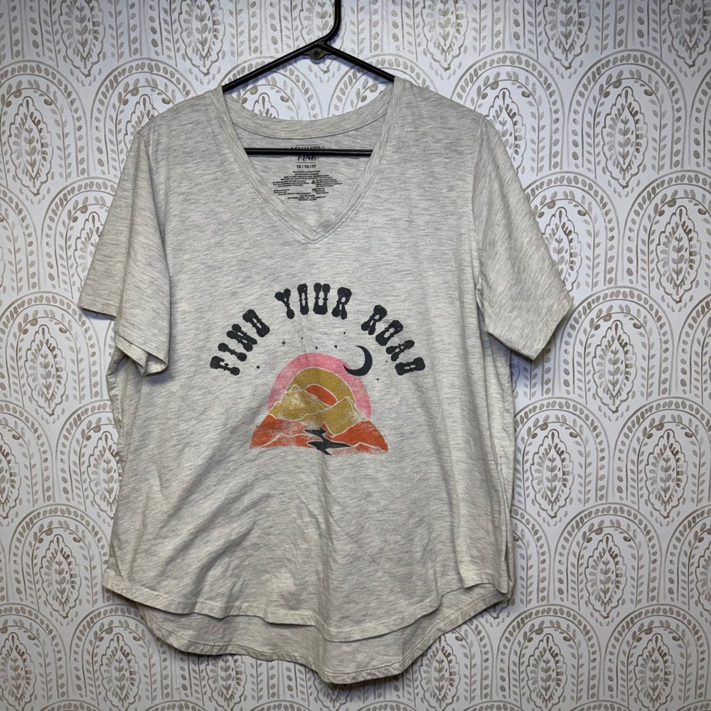 Mighty Fine Find Your Road Graphic Tee Womens 1X Grey V-Neck Desert Mountain Top